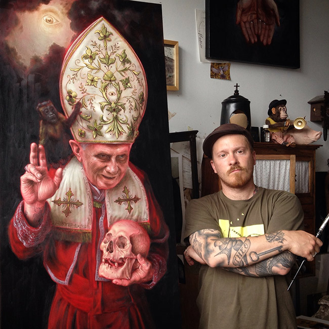 Jean Labourdette - Artist Standing Beside His 'Pope' Painting